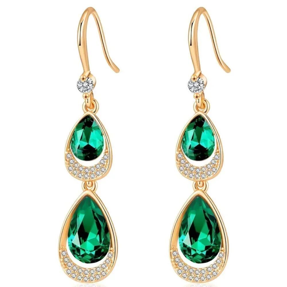 14K Yellow Gold with Emerald Green Austrian Crystal Double Teardrop Earrings